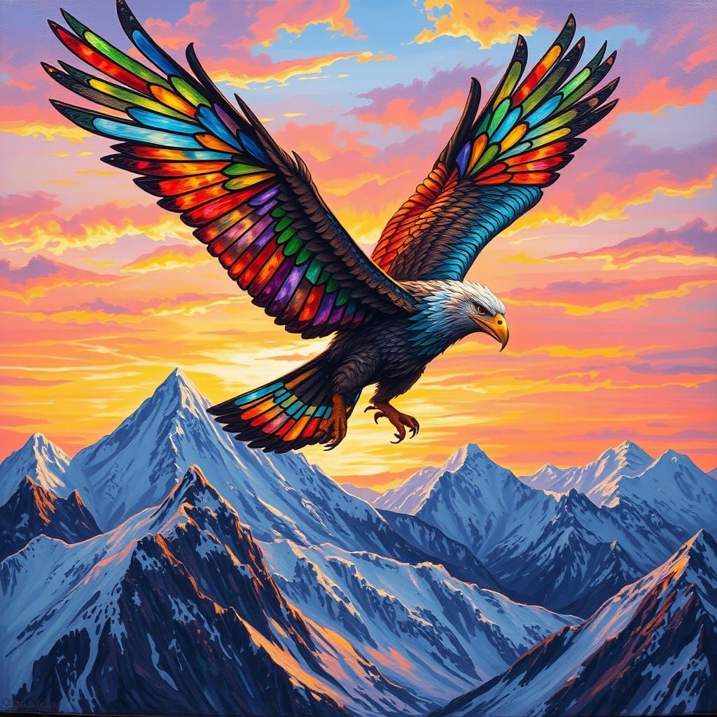 Stained Glass Griffin Soaring Over Mountains