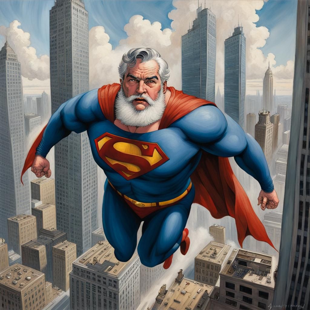 Overweight Superman Soars Over City, Oil Painting