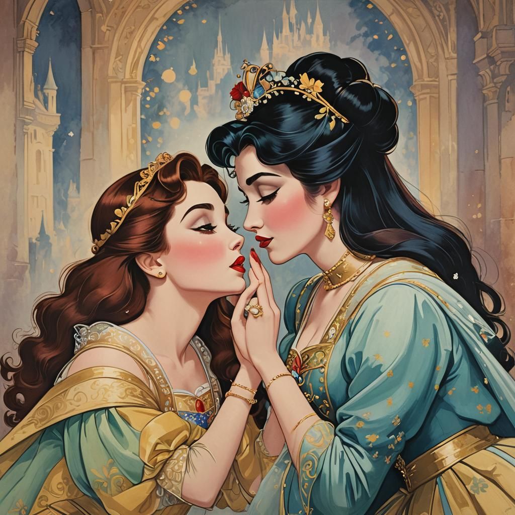 Two Women Kissing in Classic Disney Style