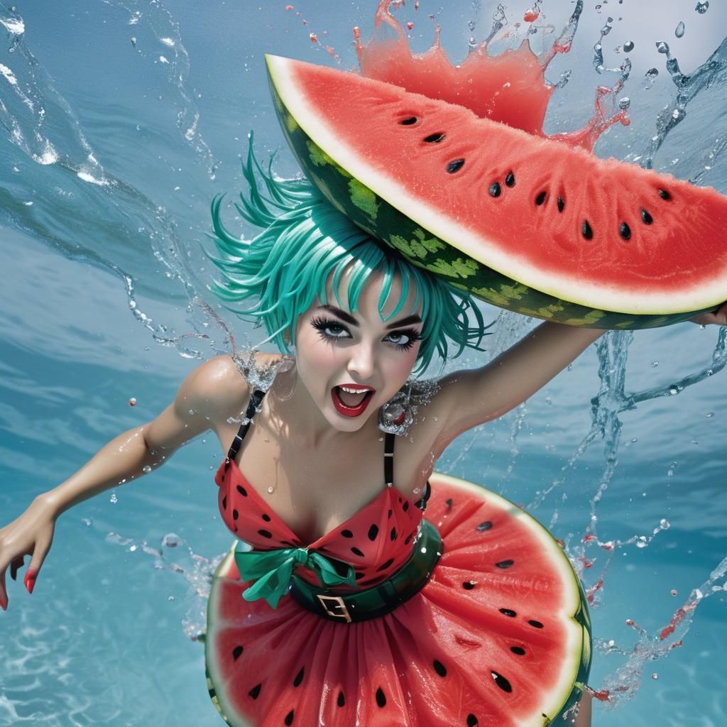 Humorous Watermelon Dress on Punk 80s Model