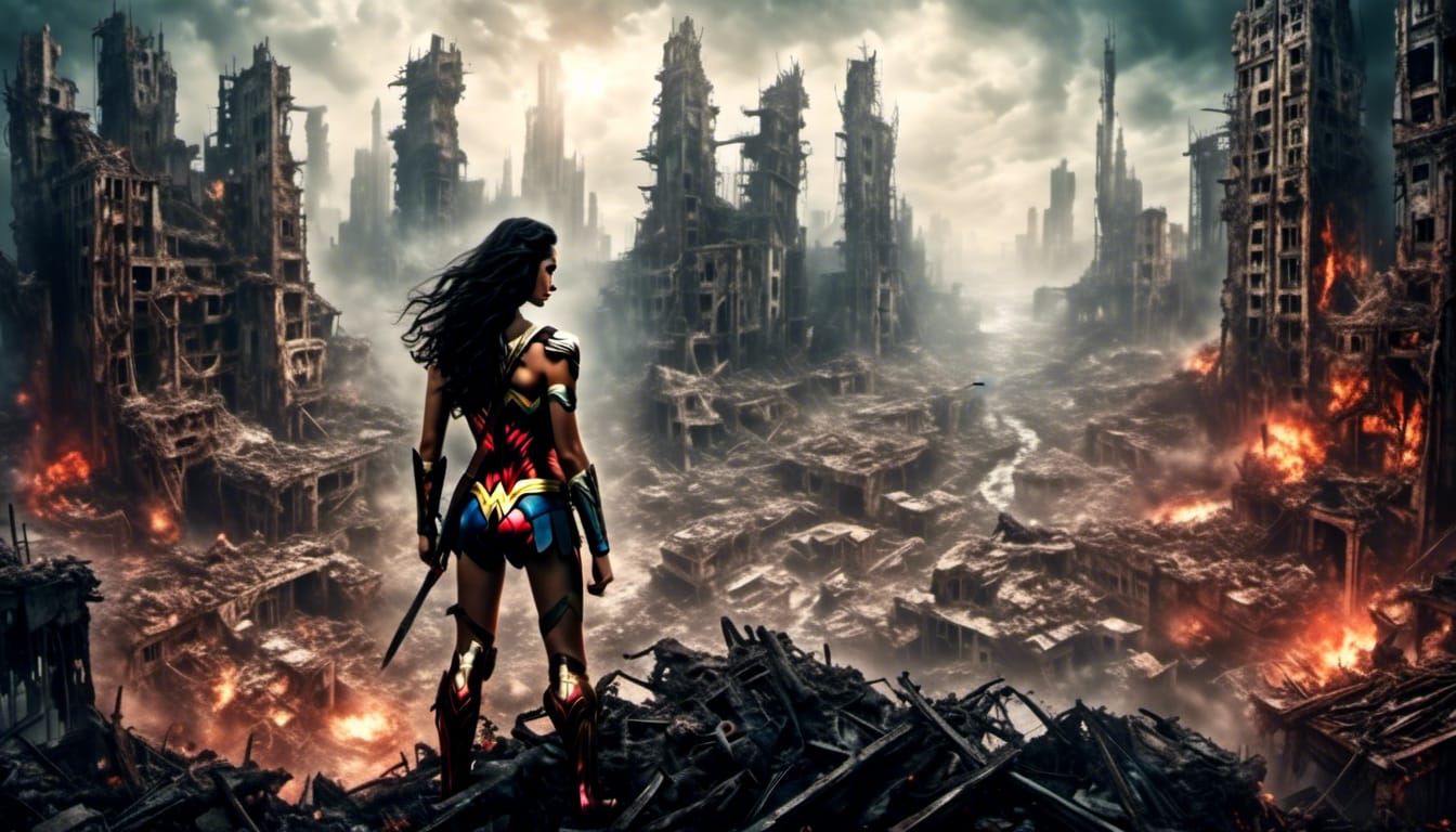 Wonder Woman Alone in Dystopian Wasteland