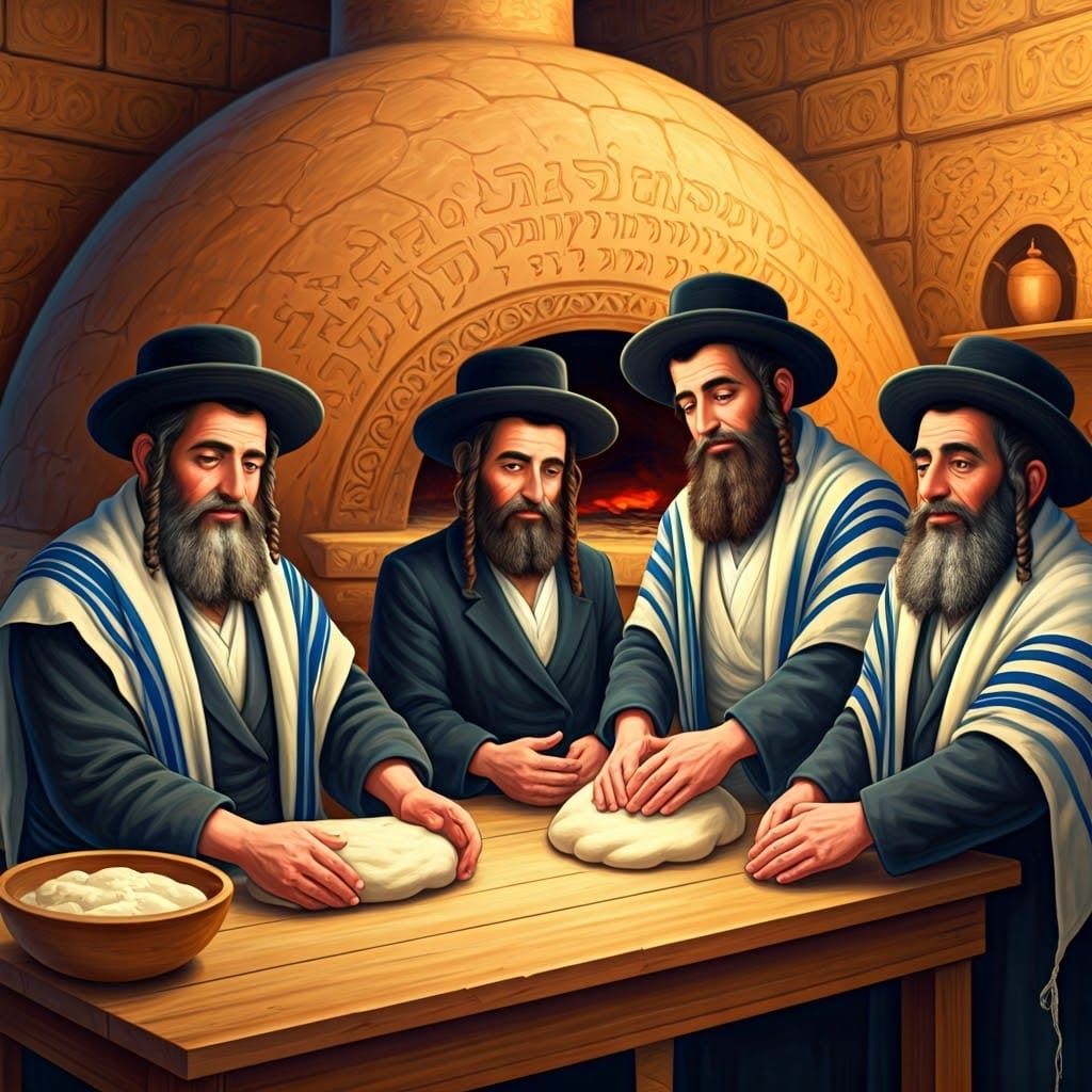 A group of Haredi Jews happily baking matzah for Passover next to an oven, a scene from before the Common Era.