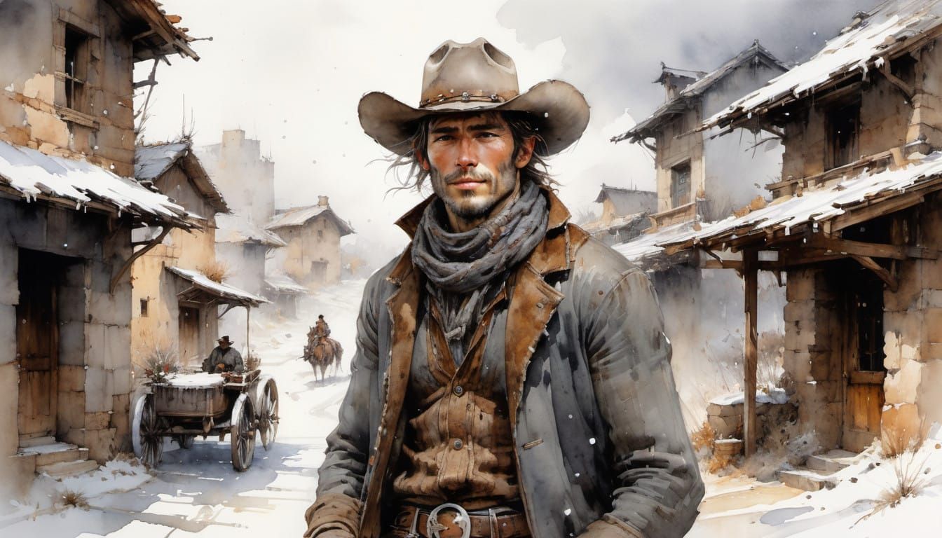 Cowboy in Winter Town: Watercolor Portrait
