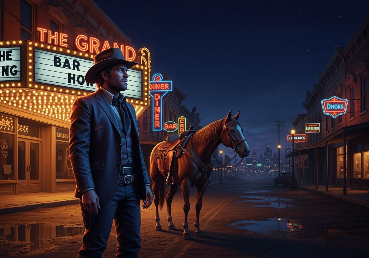 Lone Cowboy on Dusty Main Street at Night