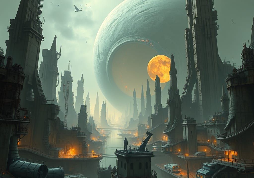 Exoplanet Cityscape with Gravity Anomaly in Cyberpunk Style