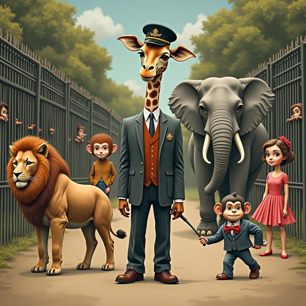 Giraffe Zookeeper in Surreal Zoo Role Reversal