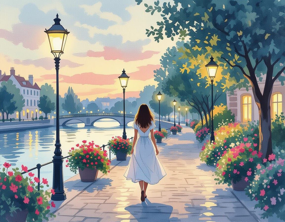 Woman Walking Canal Side at Dusk in Watercolor