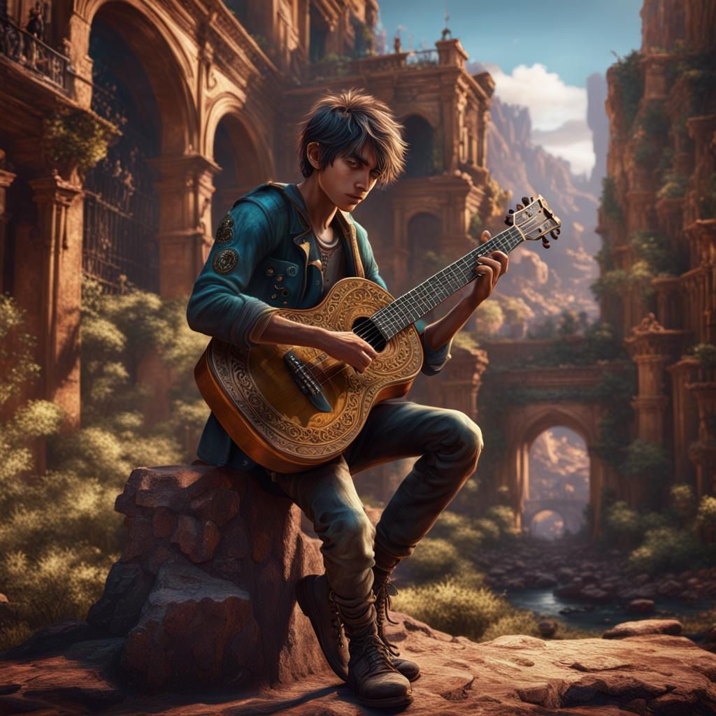 Boy with Guitar in Argentina: Detailed Matte Painting