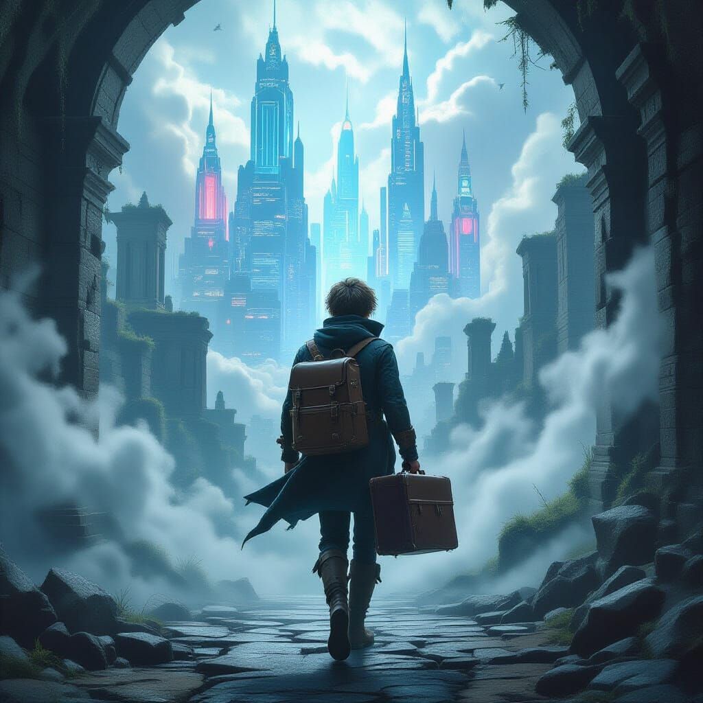 Adventurer Steps Into Future Cityscape