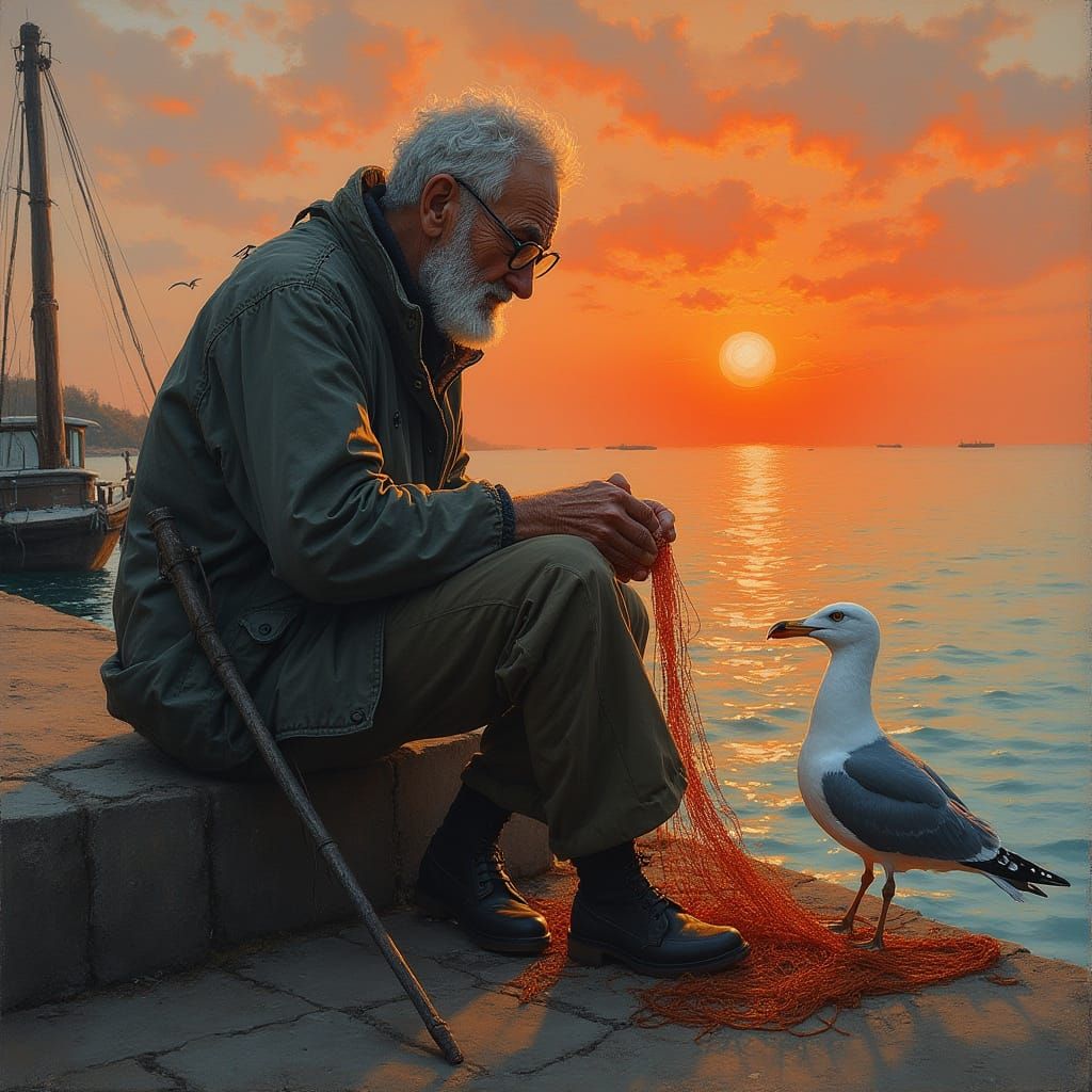 Joyful Fisherman Repairs Net at Sunset
