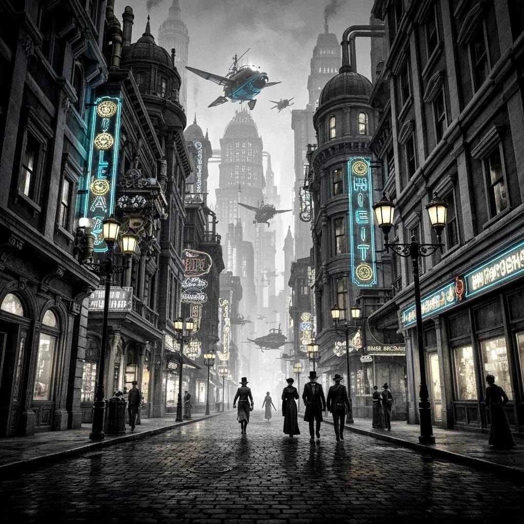 Steampunk Airship Docks at Bioluminescent Floating Island