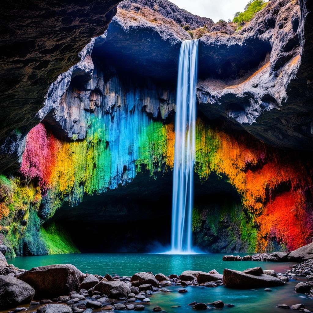 Colorful Waterfall Flowing in a Cave