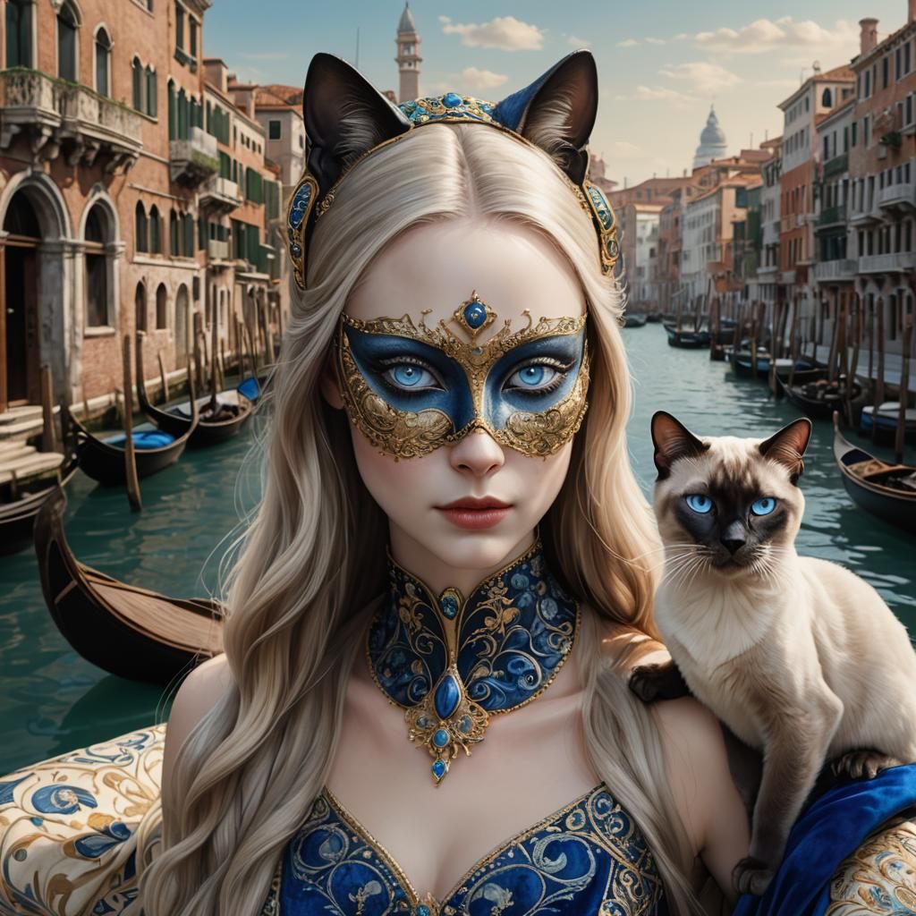 Art Nouveau Girl in Venice with Cat Mask