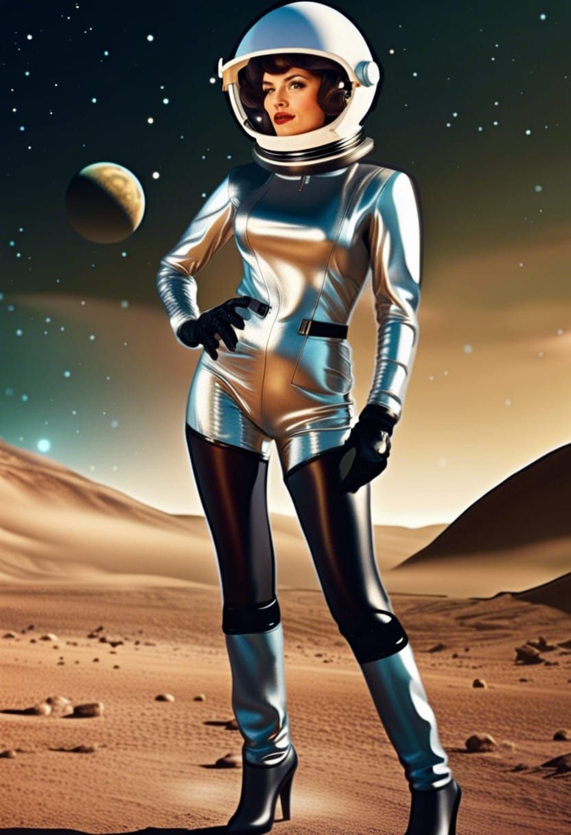 Retro Sci-Fi Brunette in Silver Spacesuit