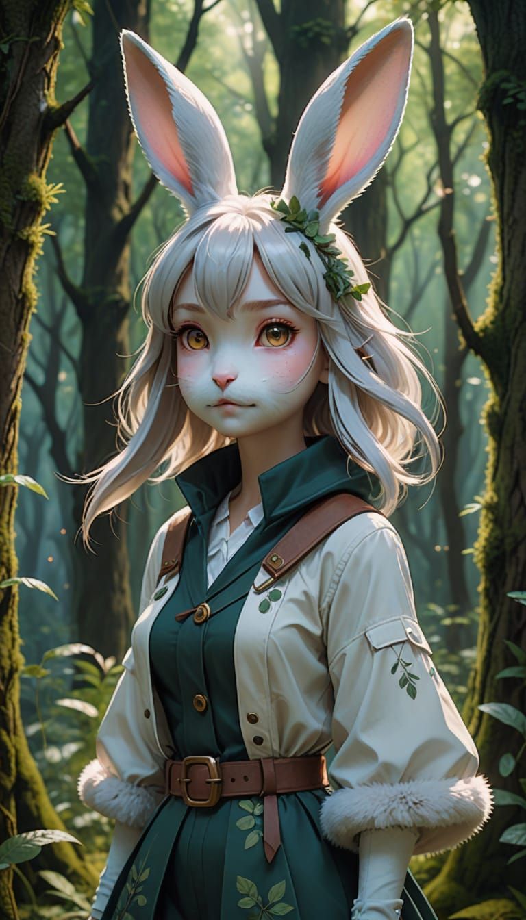 Cute Rabbit Girl in Ethereal Fantasy Forest