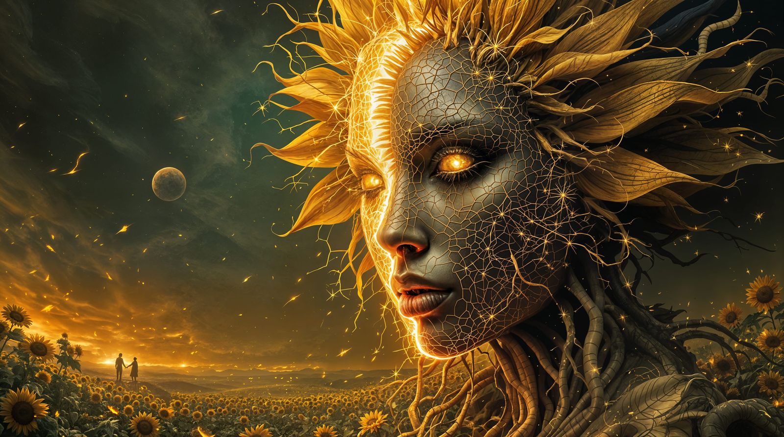 Surreal Sunflower Goddess with Fractured Face and Radiant De...