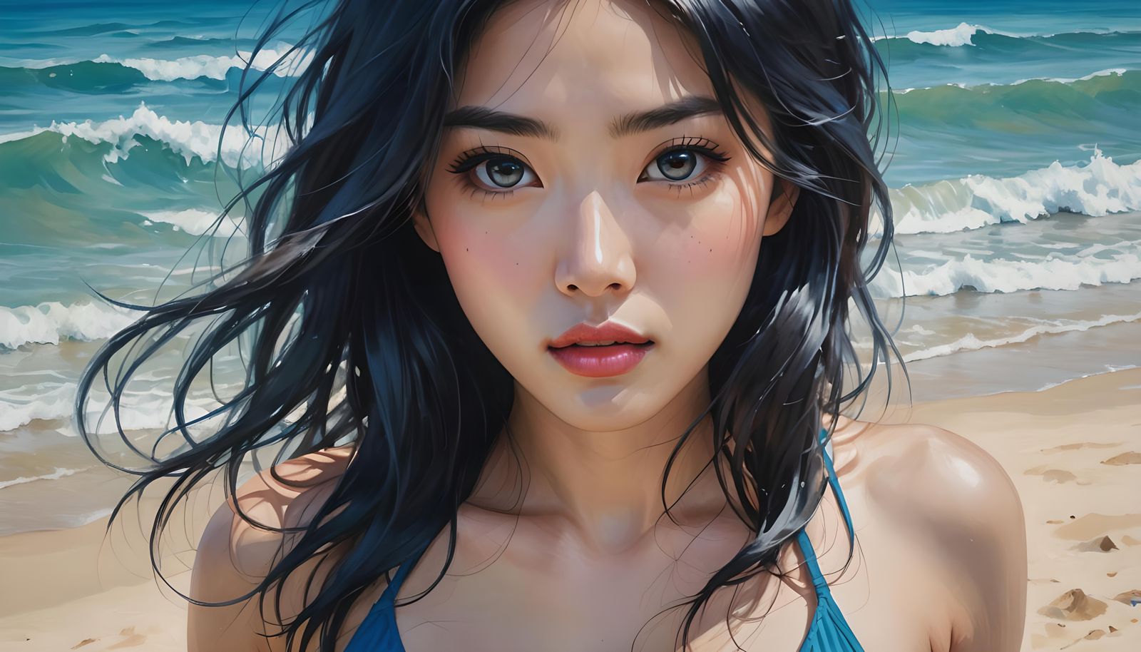 Korean Woman in Blue Bikini on Beach