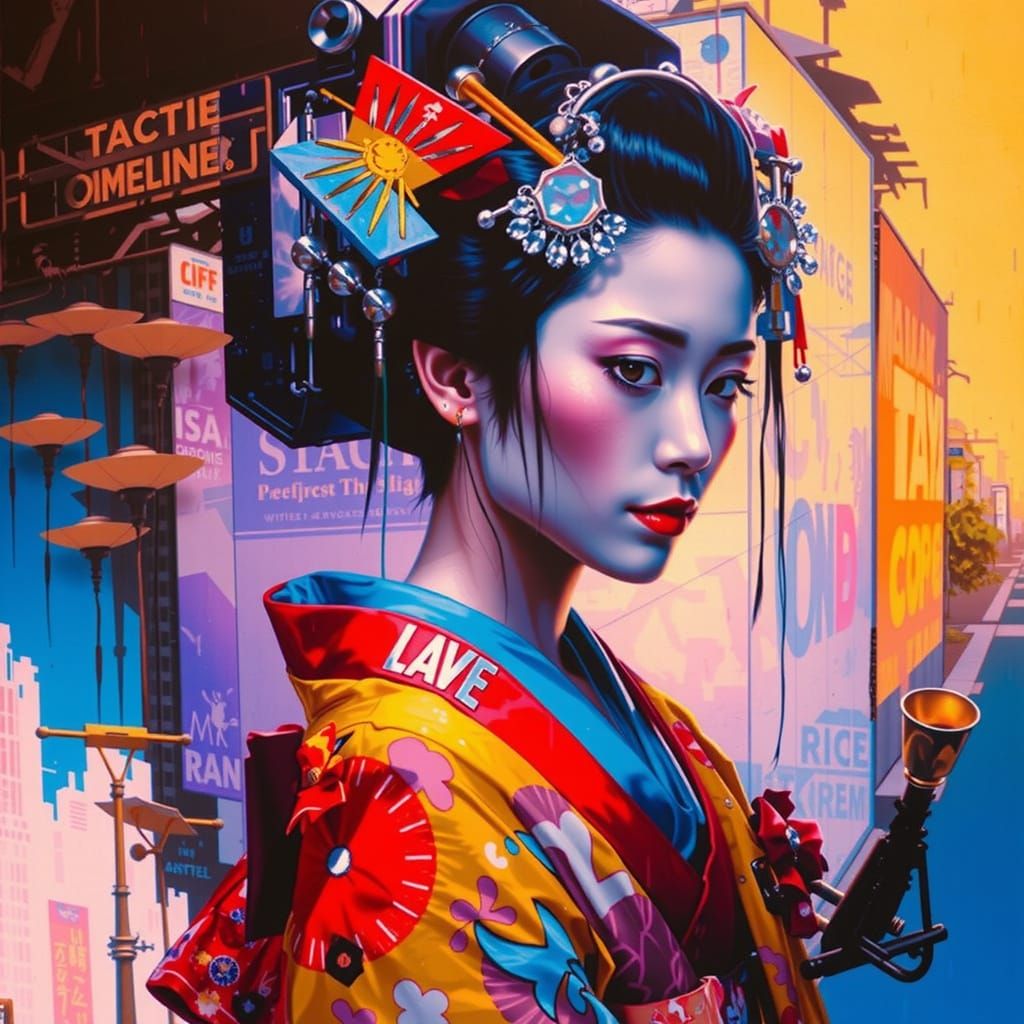 Geisha on Neon Street in Futuristic Cityscape