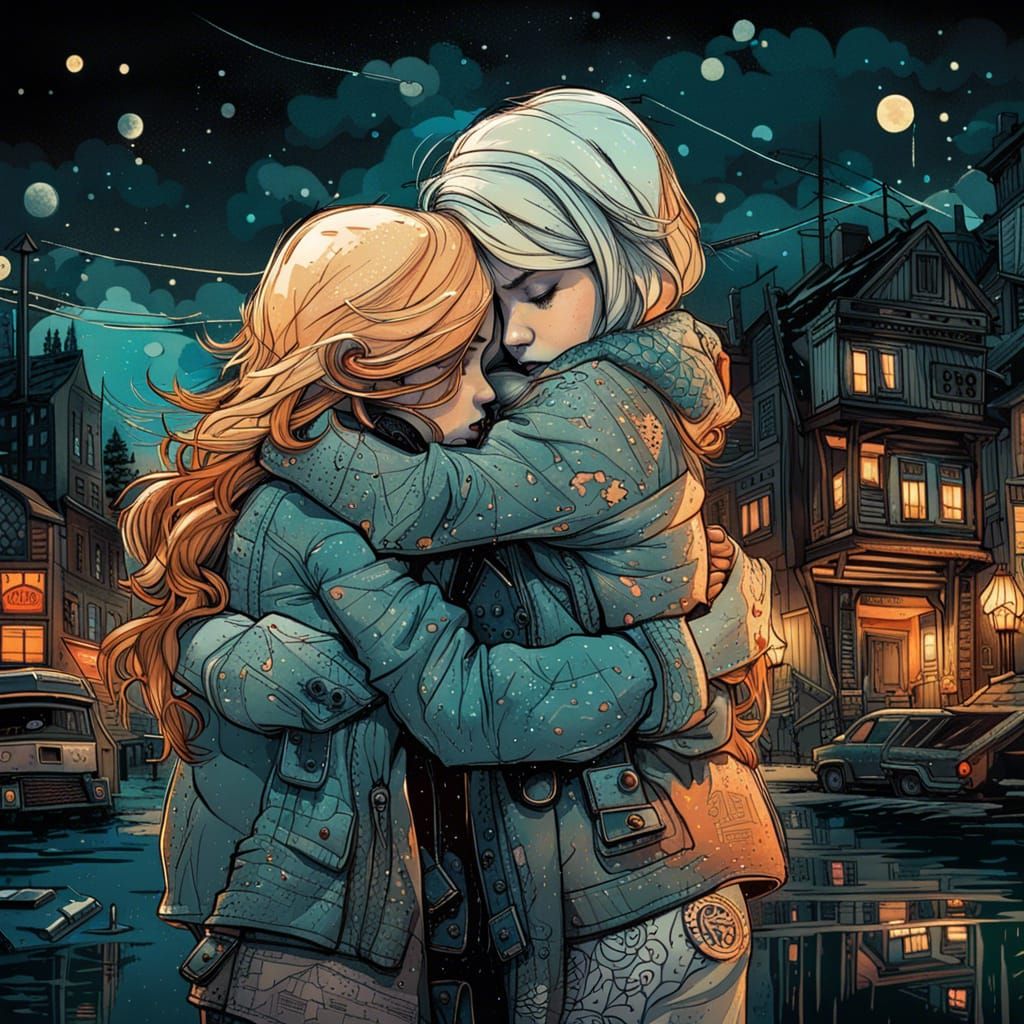 Hyperrealistic Night Scene: Two Girls Embracing