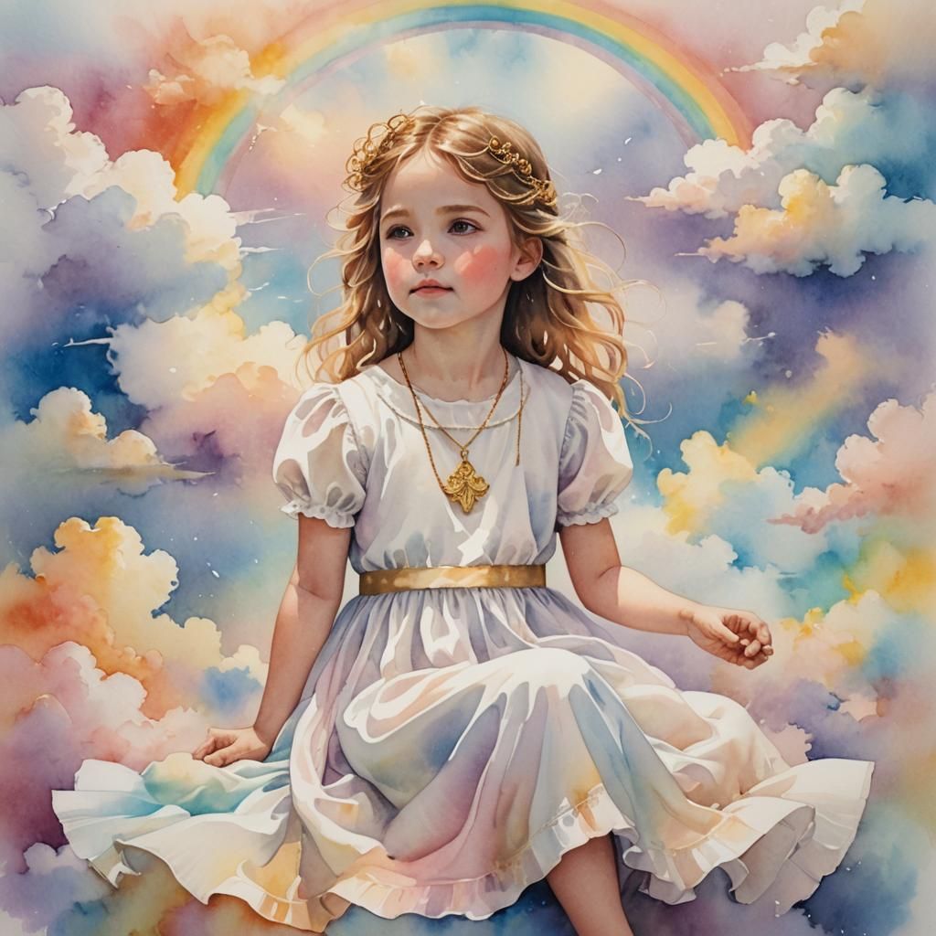 Whimsical Girl on Cloud in Watercolor Rainbow