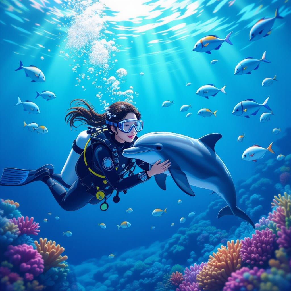Scuba Diver Cuddles Dolphin in Vibrant Underwater Anime Scen...