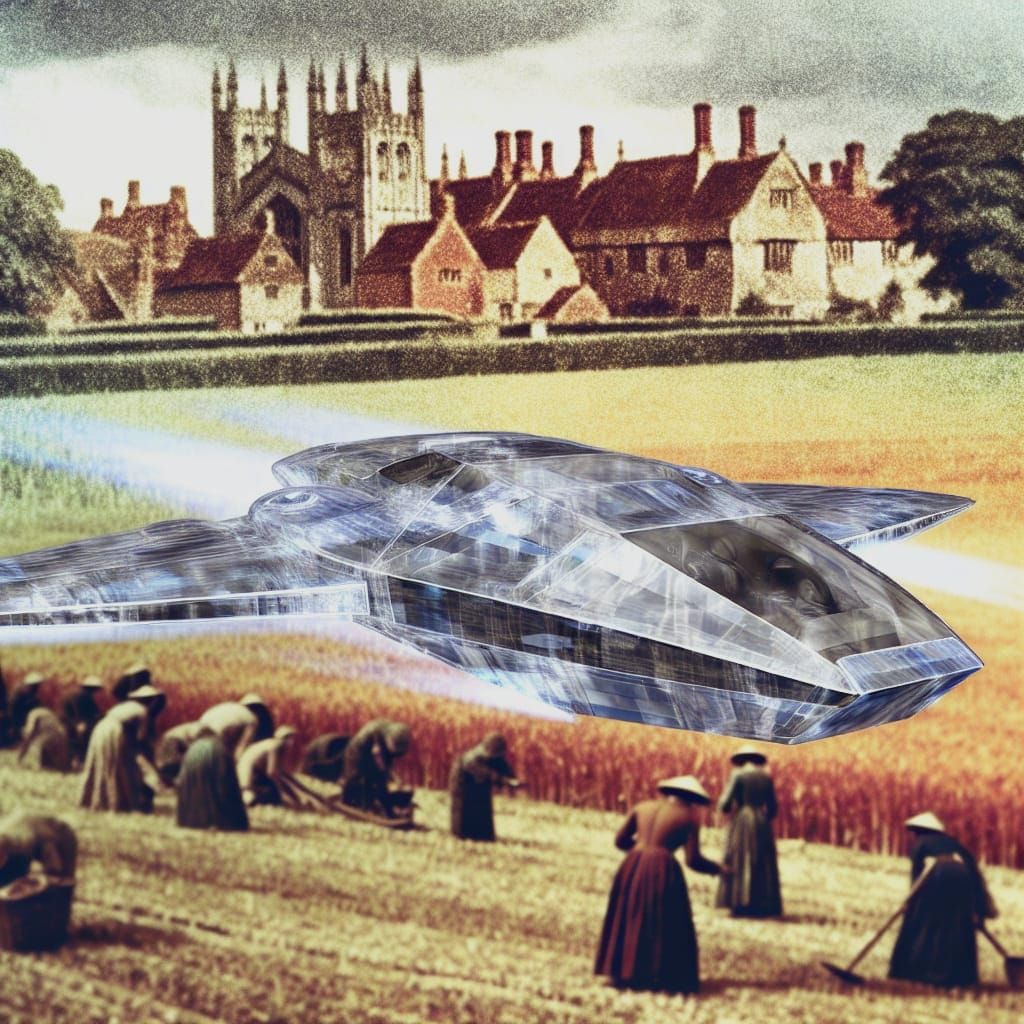 Futuristic Craft Over Medieval Village in Dual Exposure