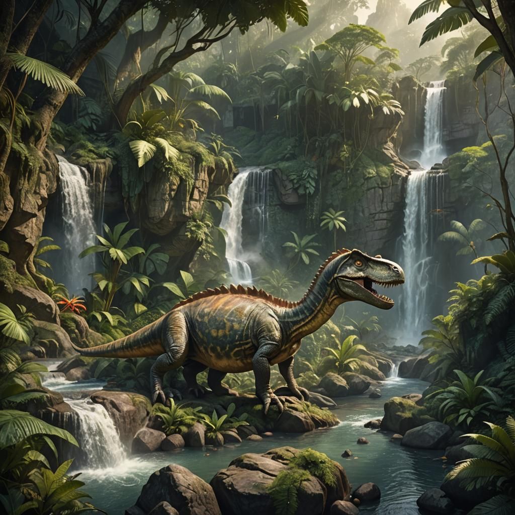 realistic image of a dinosaur relaxing in its natural enviro...