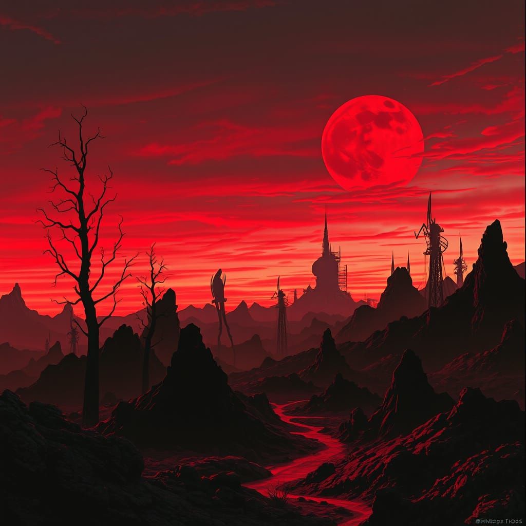 Alien Twilight Landscape in Retro-Futuristic Style