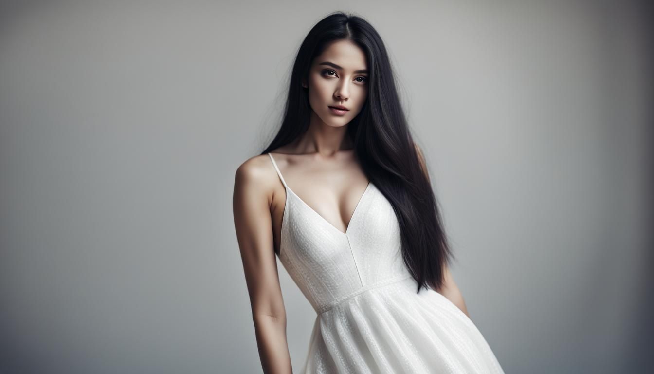 Beautiful Woman with Dark Eyes in White Dress
