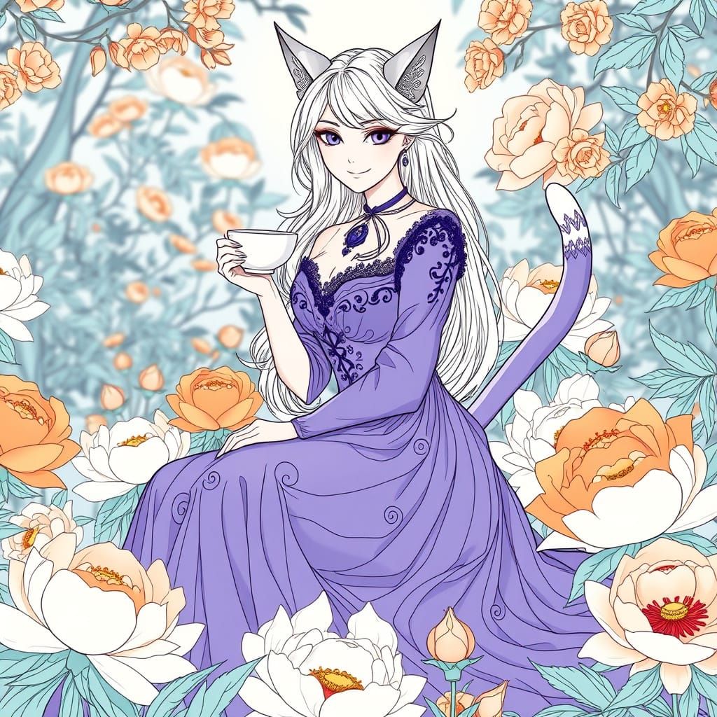Elegant Woman in Peony Garden with Silver Cat Ears