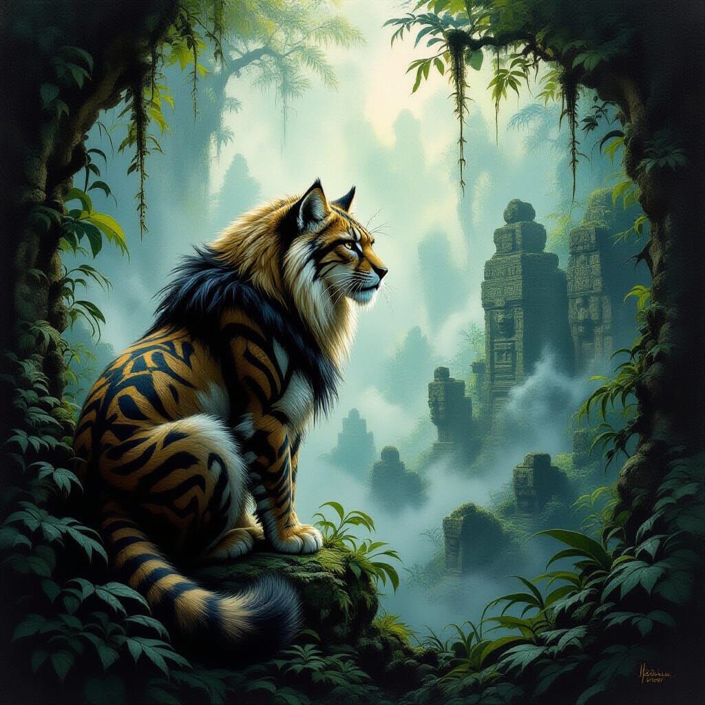 Dark Fantasy Saber-Toothed Cat in Misty Jungle