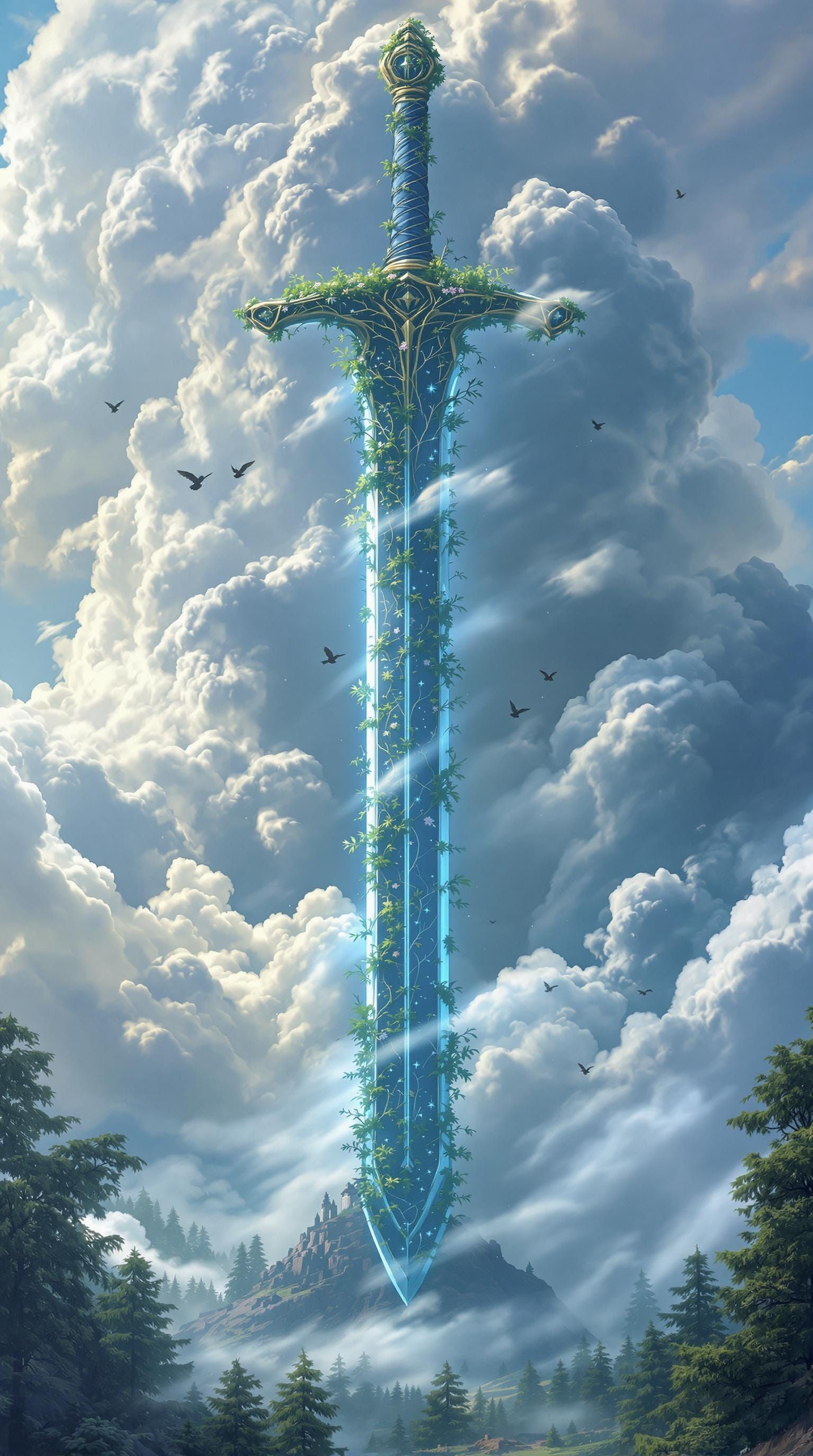Colossal Statue Wielding Elemental Sword in Fantasy Landscap...