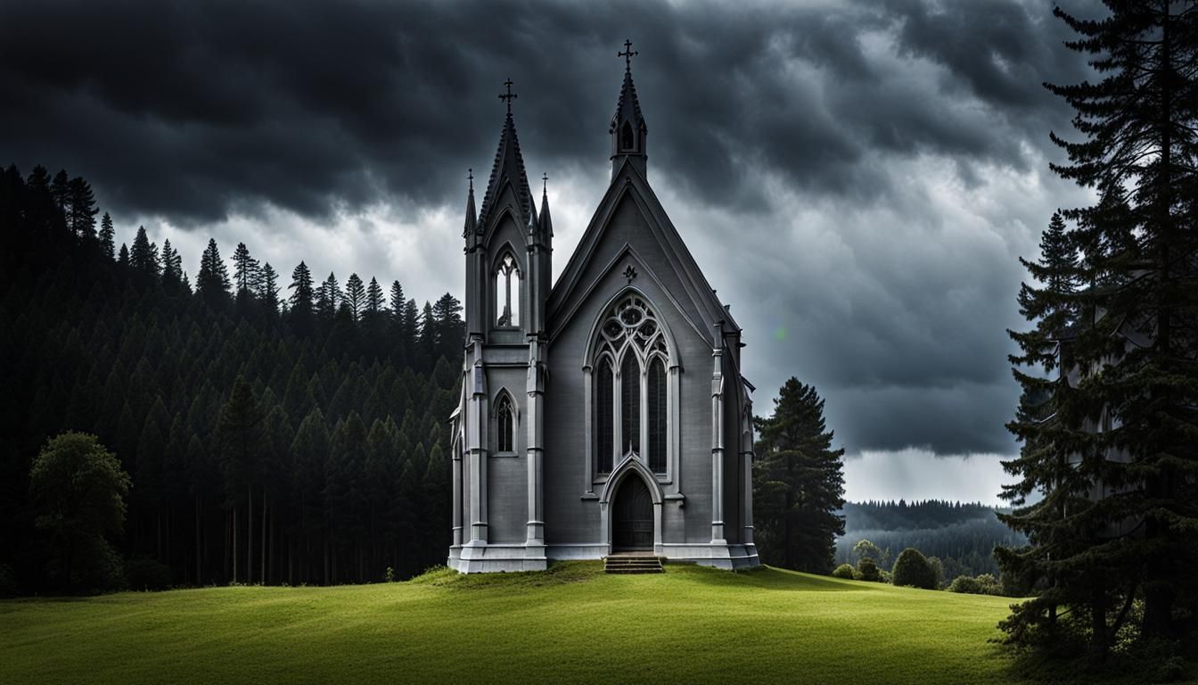 Gothic Chapel in Stormy Countryside