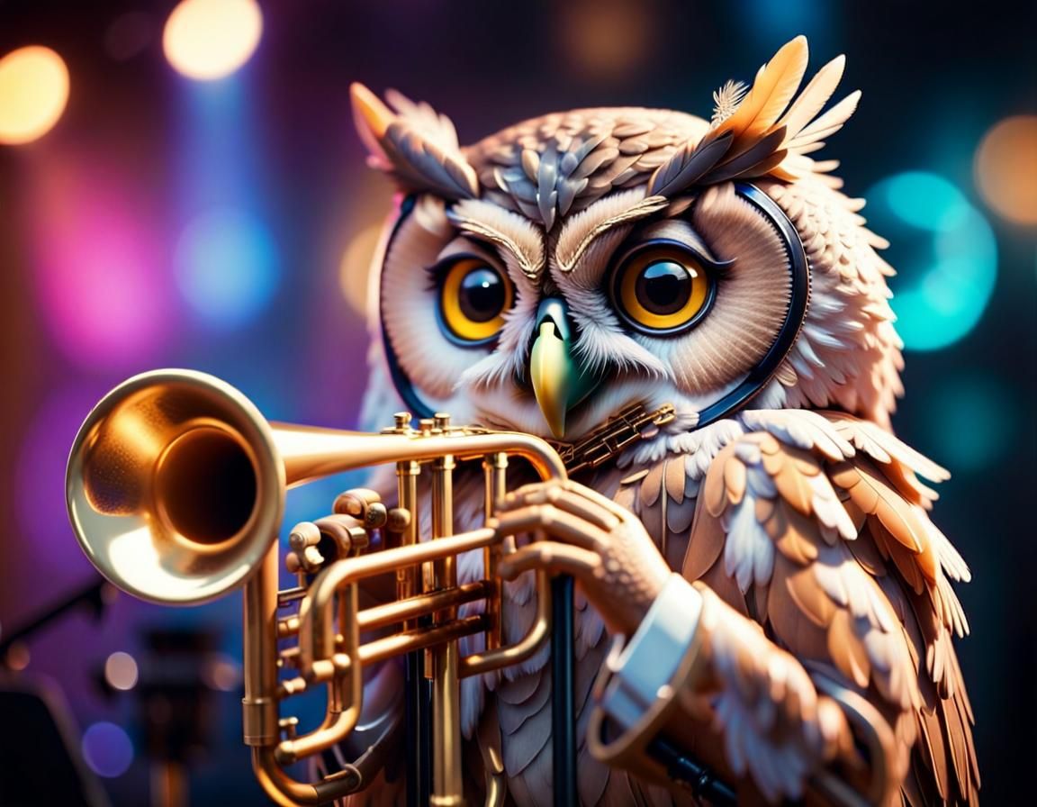 Owl Jazz Singer Plays Trombone in Neon Light