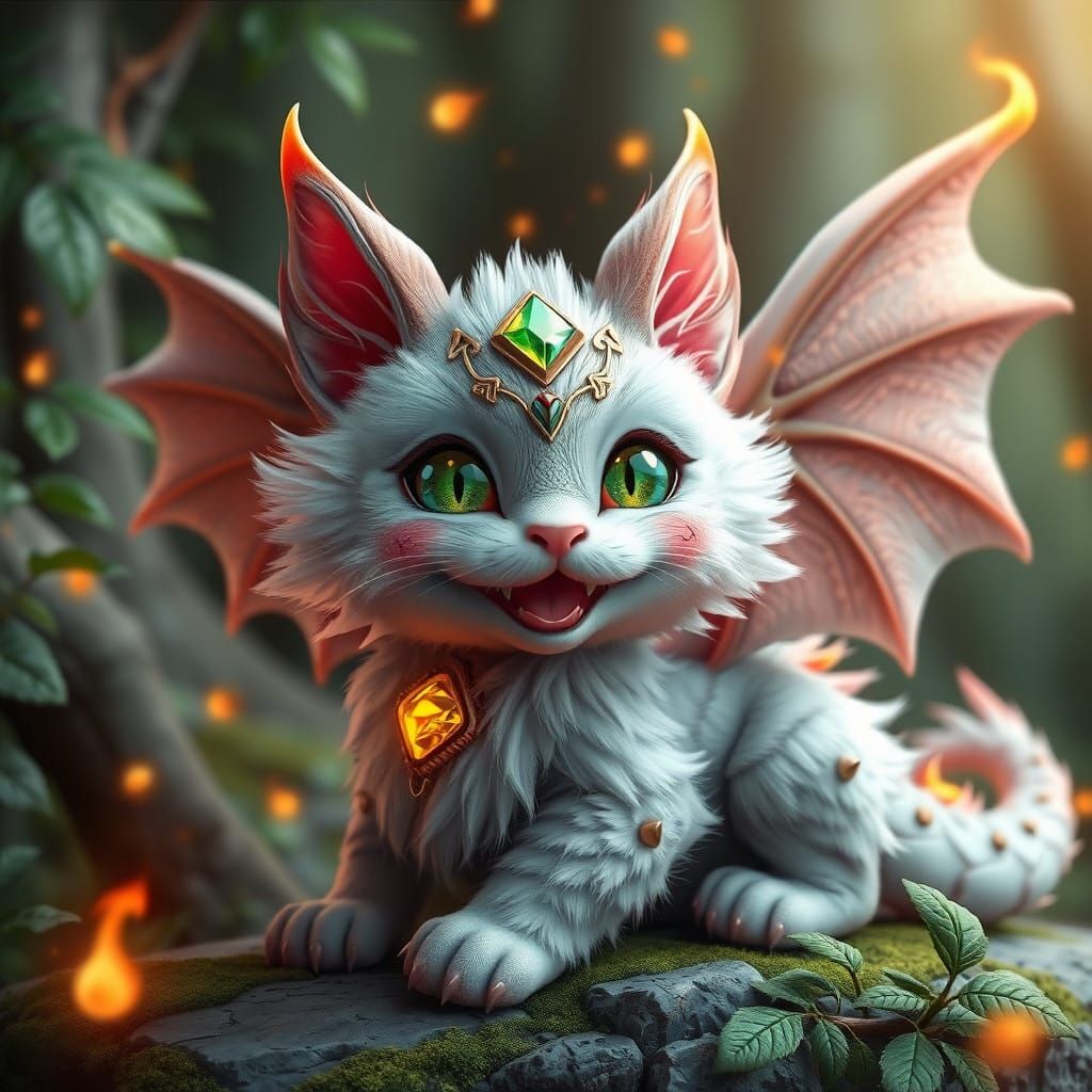 Medieval Dragon Cat Rides Fire Among Green Forest Jewels