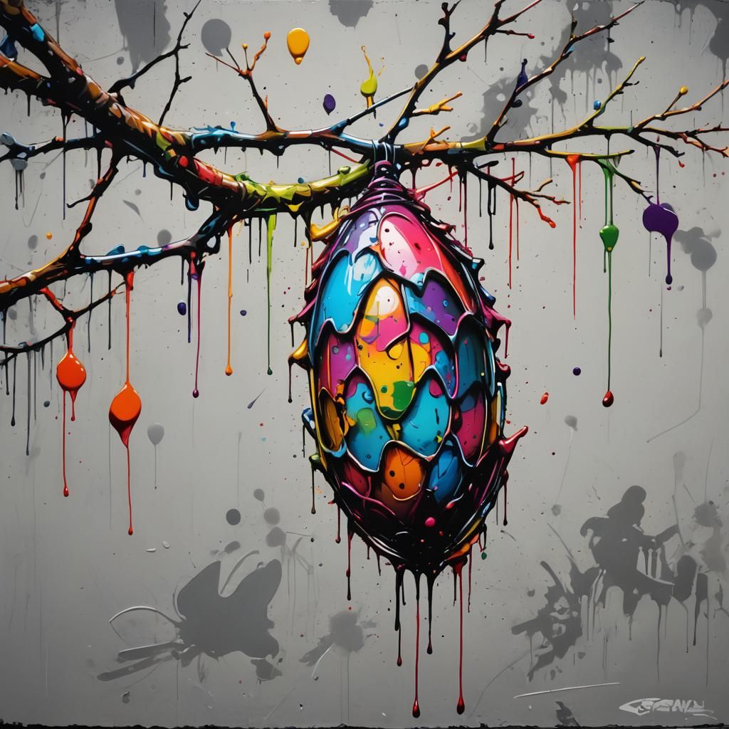 Graffiti Art Cocoon Hanging From Branch