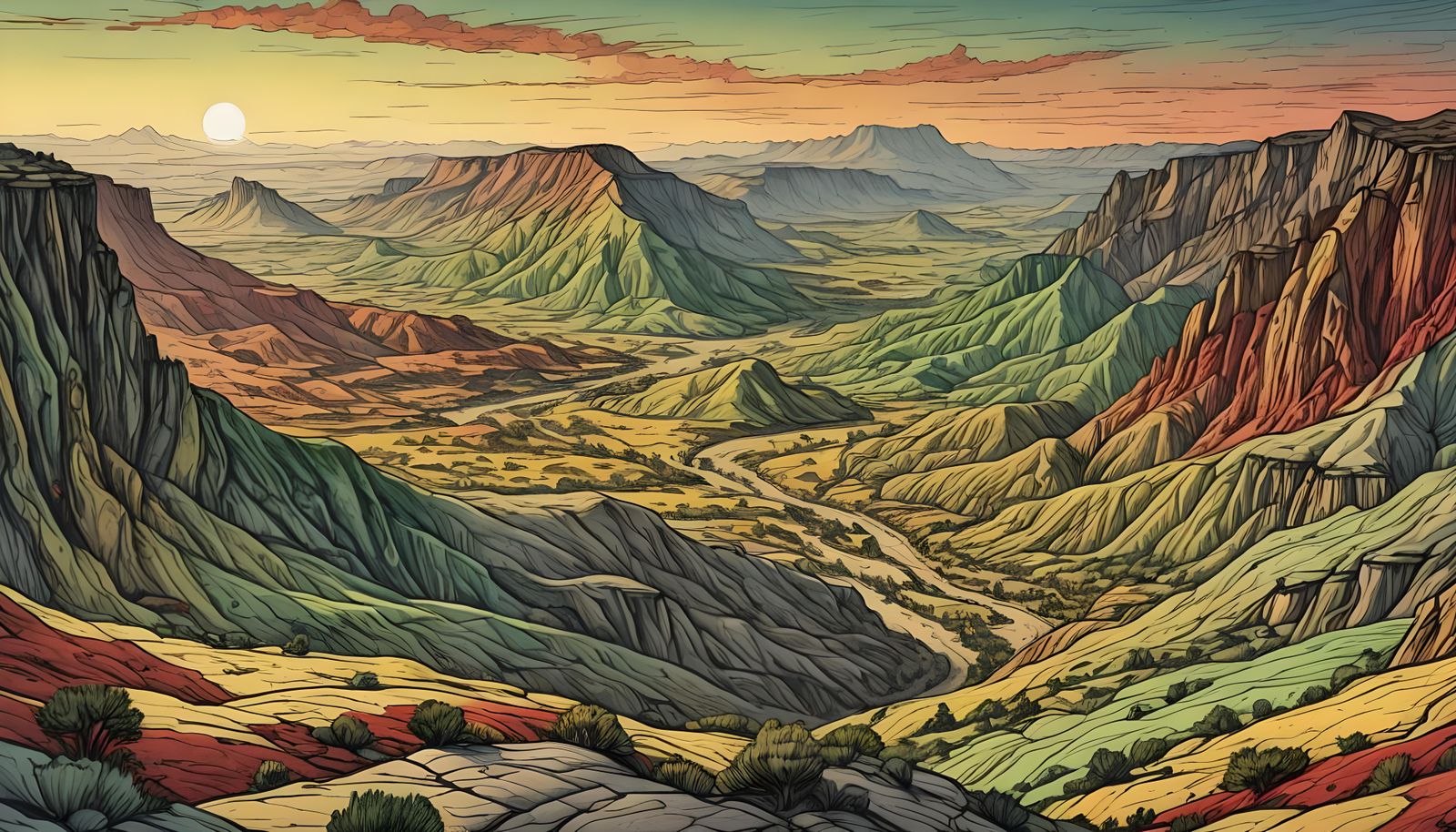 Desolate Alien Wilderness in Colored Pencil Style