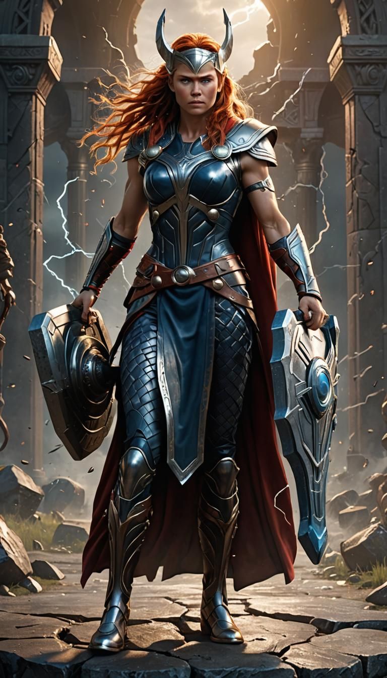 Female Thor the Goddess of Thunder, Mjölnir in her right hand