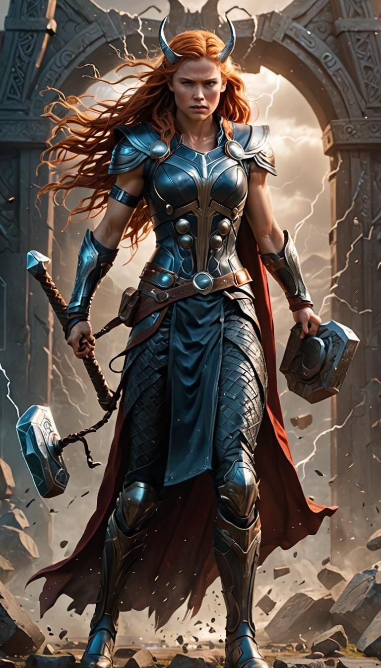 Female Thor the Goddess of Thunder, Mjölnir in her right hand