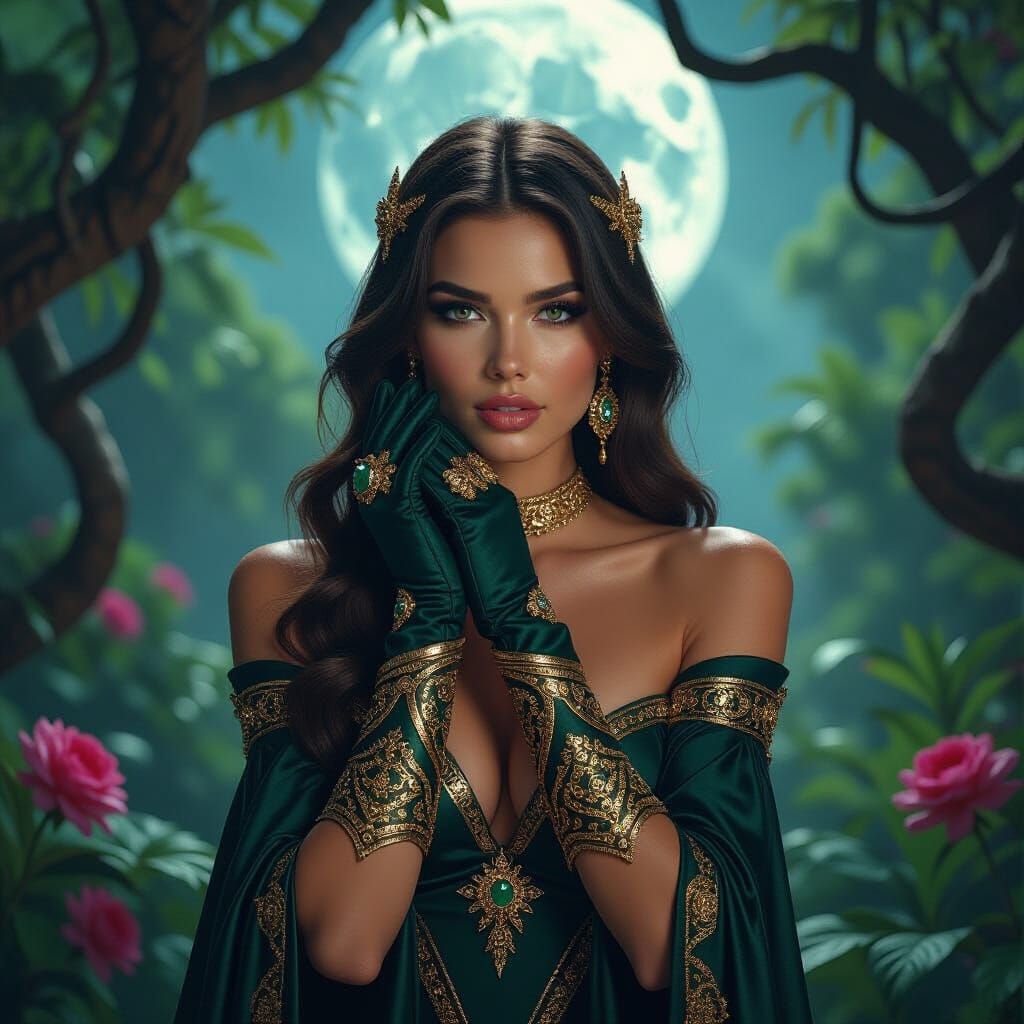 Mystical Garden Portrait with Ornate Gloves