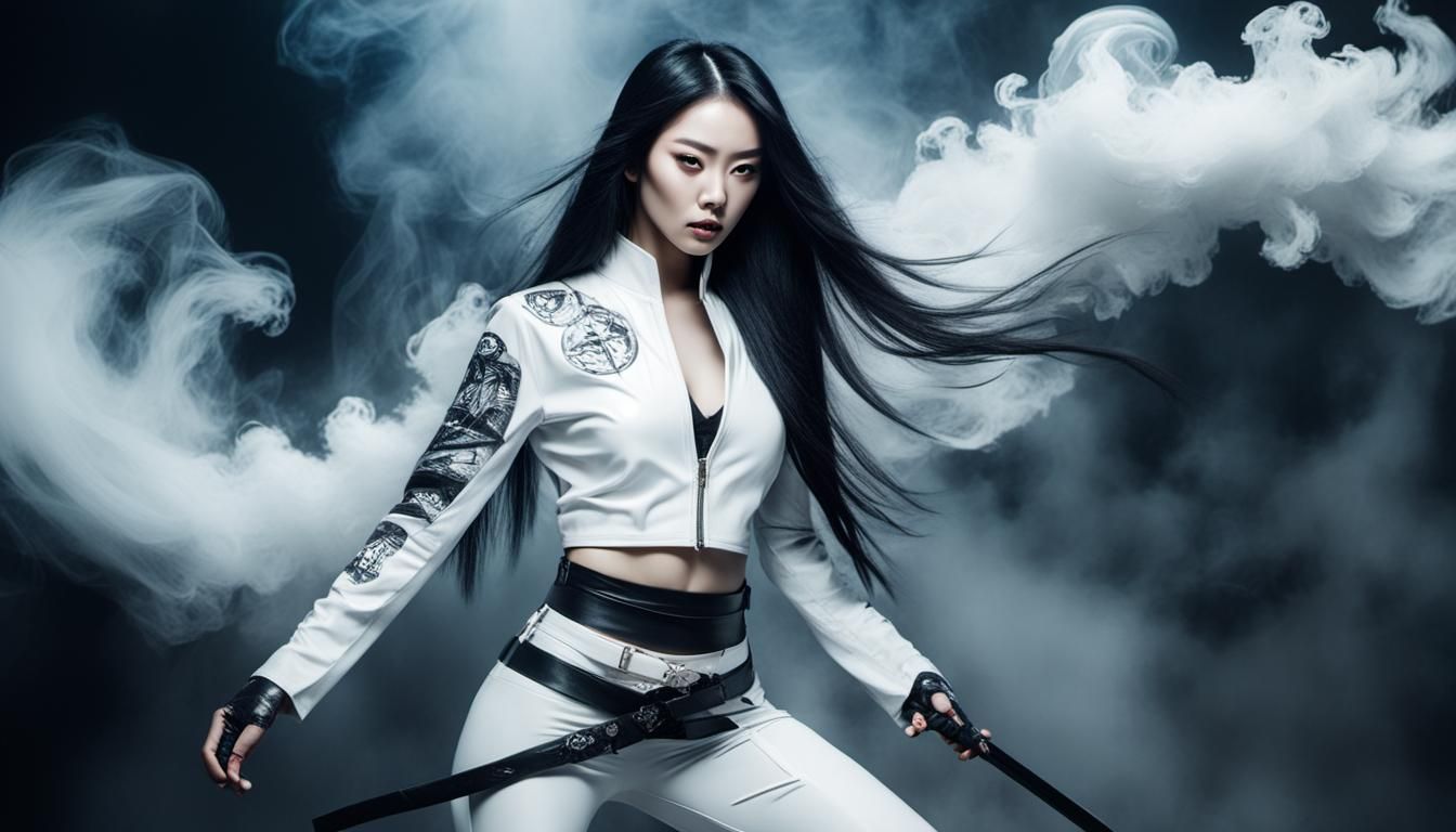 Cyberpunk Samurai Model with Japanese Symbol Background