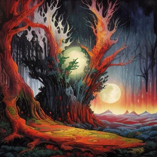 Moonlit Arabesque Forest Trees in Impasto Alcohol Ink