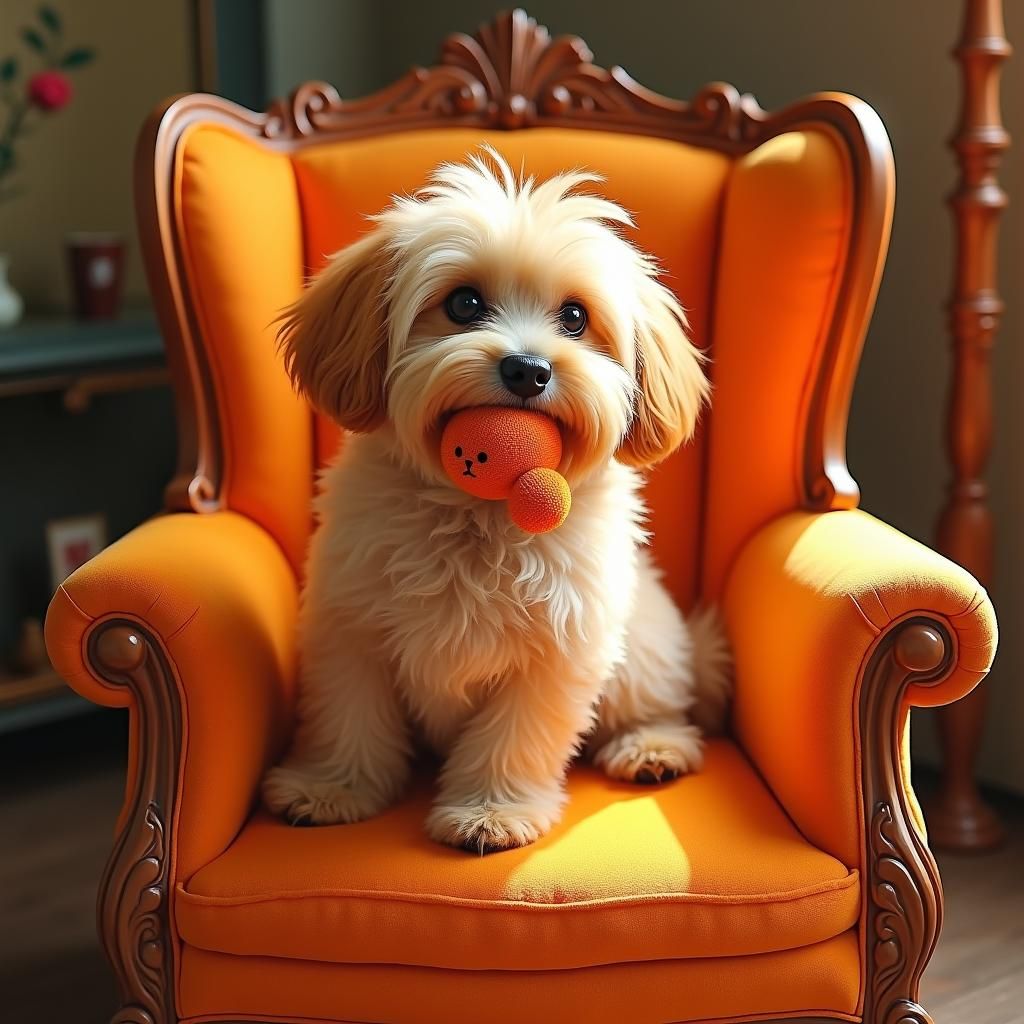 Apricot Havanese Dog on Orange Chair, Whimsical Portrait