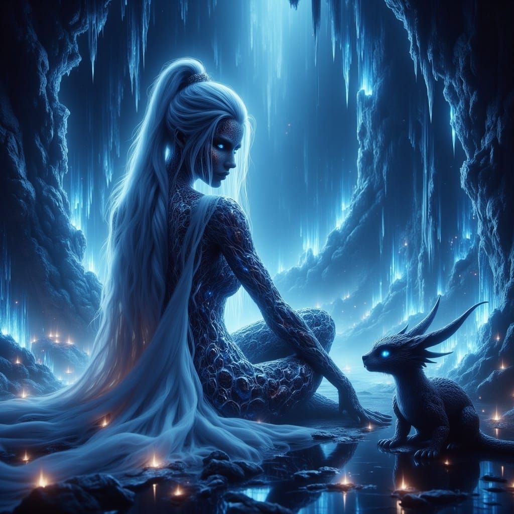 Crystal Witch and Dragon in Bioluminescent Cave