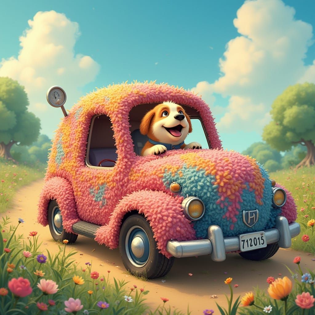Carpet Car Driven by Dog in Whimsical Landscape