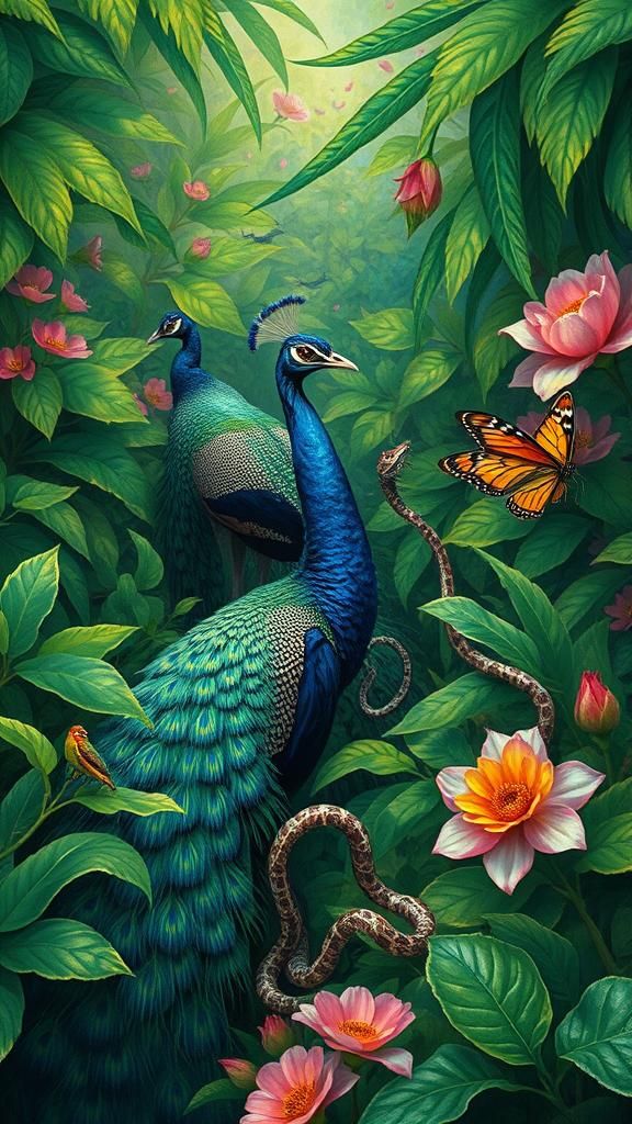 Lush Emerald Garden with Peacocks and Wildlife