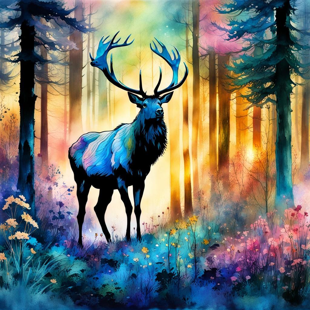 Elk in Spring Forest: Watercolour Fantasy Art