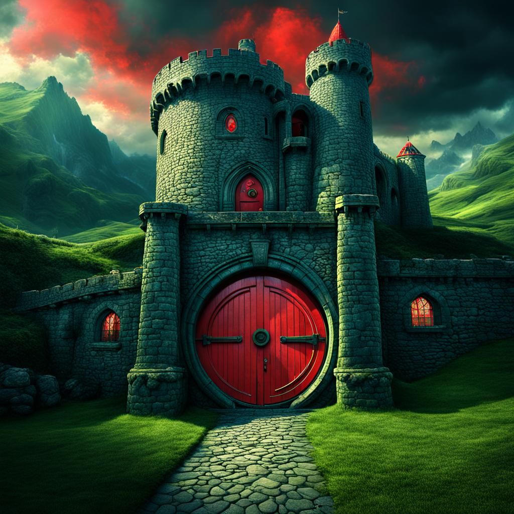 Green Hobbit Castle with Red Door: Digital Matte Painting