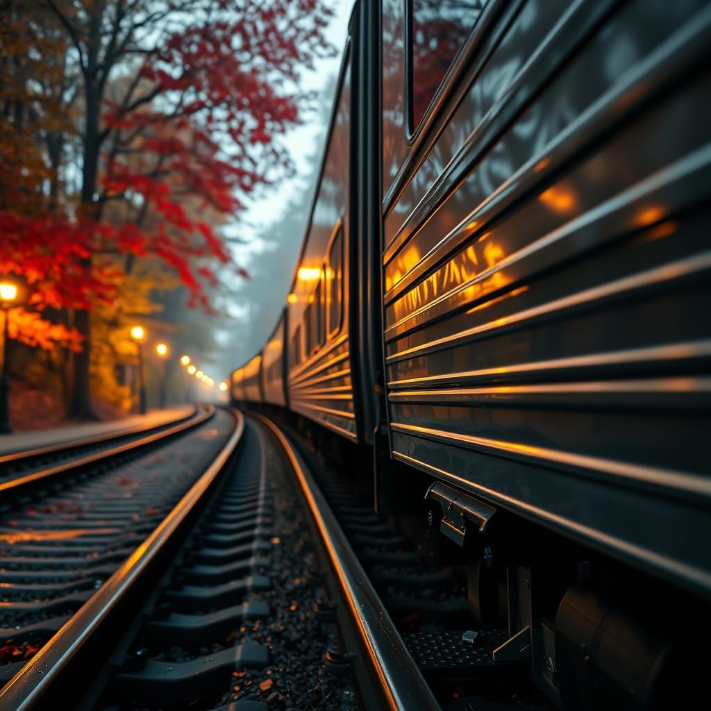 Sleek Train in Autumn Forest: Low Angle Cinematic View