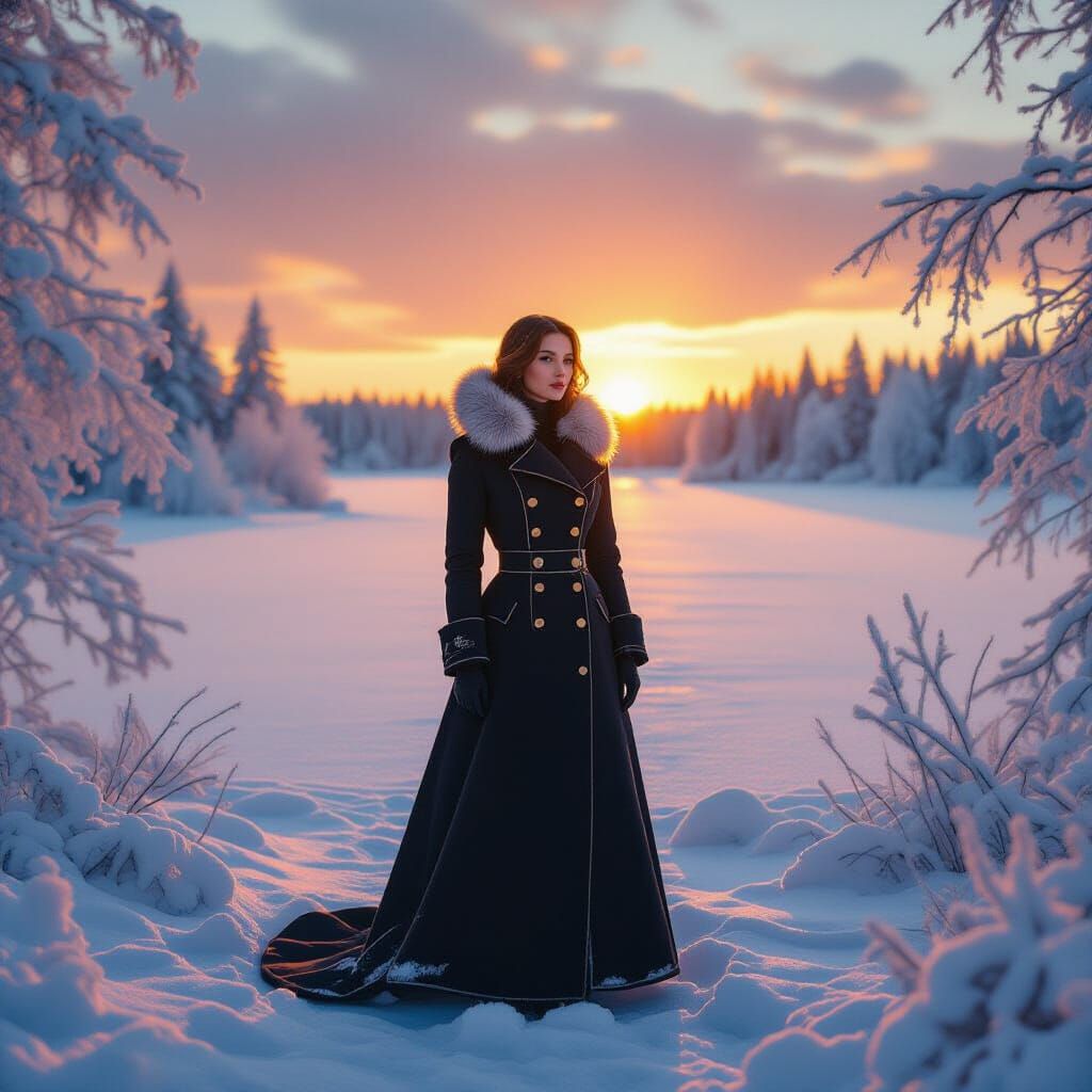 Woman in Soviet Coat on Frozen Lake at Sunset